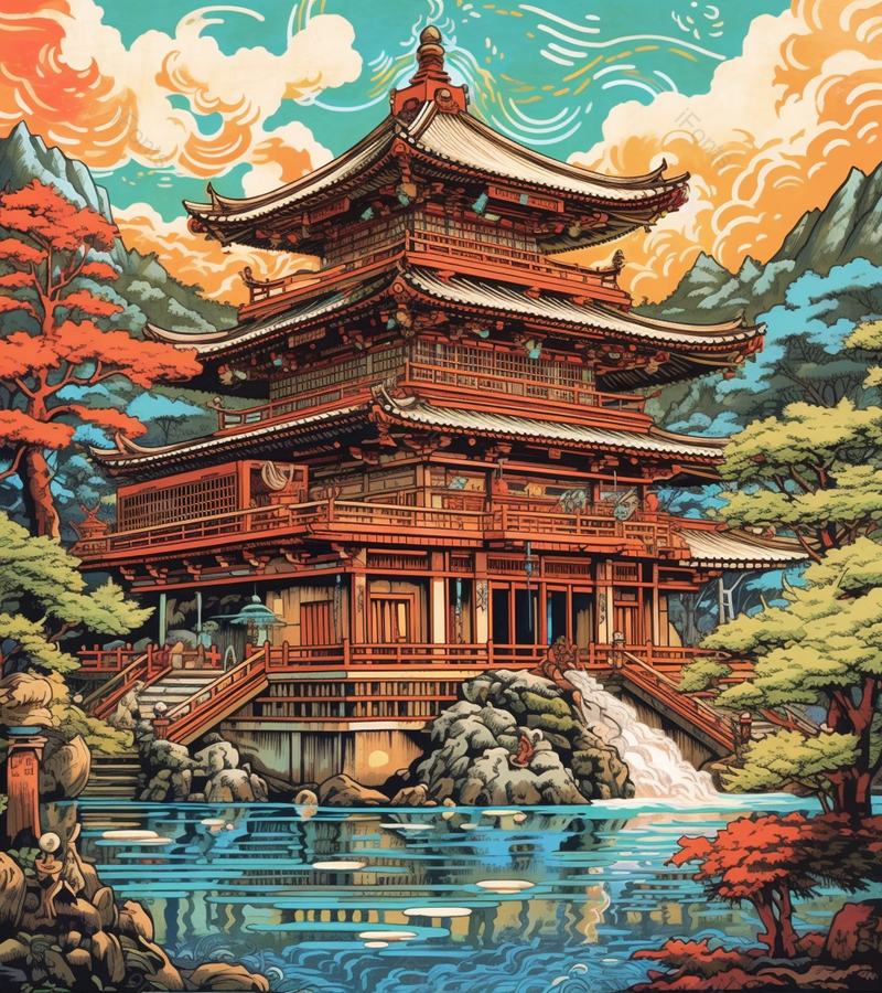 湖边上的古代建筑中国风背景,插画/手绘图,插画/手绘图库,插画/手绘图下载,插画/手绘